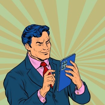 Stylish businessman looks at a modern gadget tablet, works with a touchscreen. Pop art retro illustration 50s 60s kitsch vintage style. Stylish businessman looks at a modern gadget tablet, works with a touchscreen