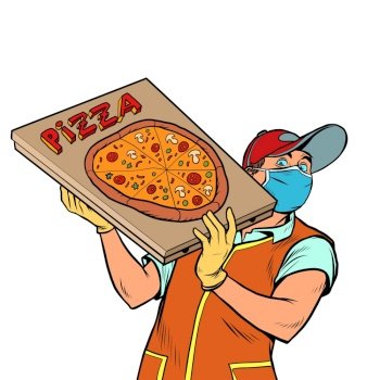 Pizza delivery guy in a medical mask. Cartoon character pizza delivery guy. Cartoon people vector illustration. Express food delivery service. Delivery man. Pop art retro vector illustration 50s 60s kitsch vintage style. Pizza delivery guy in a medical mask