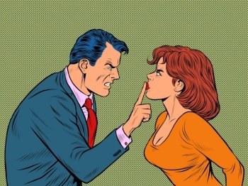 A man and a woman emotionally, argue, conflict. Pop art retro illustration kitsch vintage 50s 60s style. A man and a woman emotionally, argue, conflict
