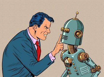 A man against a robot. Rage aggression strong emotions, hatred. Pop art retro illustration kitsch vintage 50s 60s style. A man against a robot. Rage aggression strong emotions, hatred
