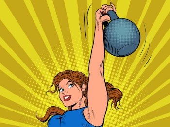 A strong woman lifts up a heavy weight. Pop art retro illustration kitsch vintage 50s 60s style. A strong woman lifts up a heavy weight