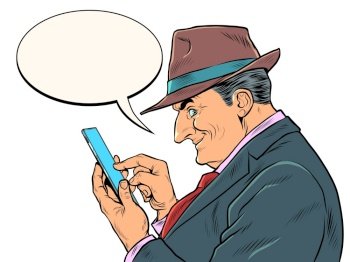 An elderly businessman with a smartphone. The boss looks at the messages. pop art retro vector illustration kitsch vintage drawing 50s 60s style. An elderly businessman with a smartphone. The boss looks at the messages