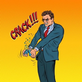 Businessman breaks his smartphone in a rage. pop art retro vector illustration kitsch vintage drawing 50s 60s style. Businessman breaks his smartphone in a rage