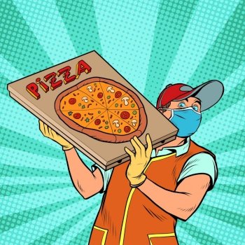 Pizza delivery boy in a protective mask. Street food. pop art retro vector illustration kitsch vintage drawing 50s 60s style. Pizza delivery boy in a protective mask. Street food
