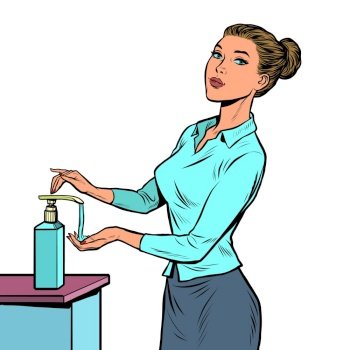 a woman uses a hand sanitizer. Pop art retro vector illustration 50s 60s style. a woman uses a hand sanitizer