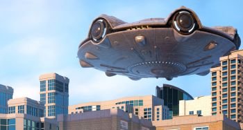 UFO flying over the city. 3d illustration. UFO flying over the city