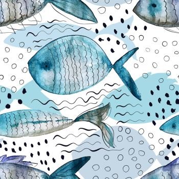Vector Seamless Pattern with Watercolor Fish. Underwater Hand Drawn Background