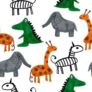 Vector Seamless Pattern with Cartoon Elephants, Zebras, Giraffes,and Crocodiles. Original design for children.