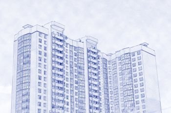 Modern highrise residential building on sky background, blueprint style