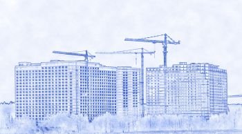 Urban landscape, construction of modern residential buildings, blueprint style