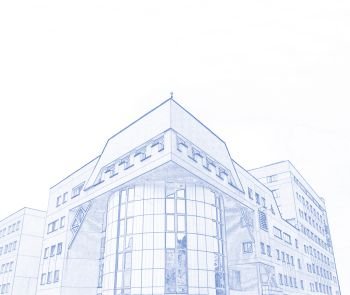 Modern office building on sky background in Moscow, blueprint style