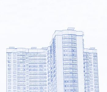 Construction of modern multi-storey residential building on sky background, blueprint style