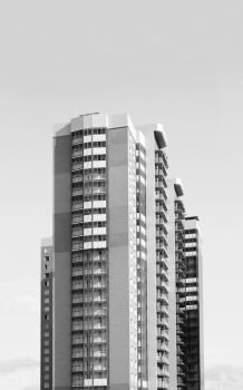 New modern many-storied residential building in Krasnogorsk, Russia. Monochrome style.