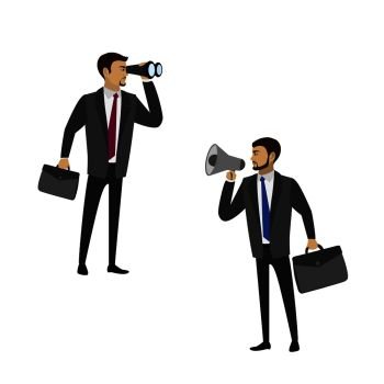 Two businessmen - one with a megaphone, the second with binoculars, vector illustration on a white background. Two businessmen - one with a megaphone, the second with binocula