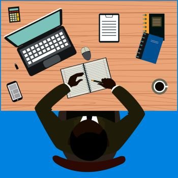 Office workplace. African american businessman working with laptop and documents on table, top view. Flat design cartoon style.Stock vector illustration. African american businessman working with laptop and documents o