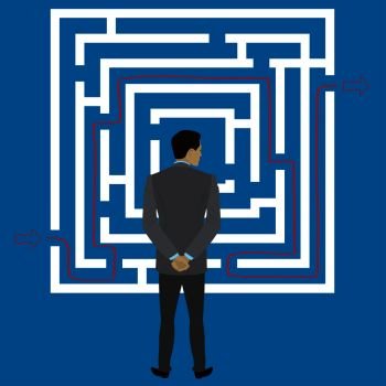 Businessman standing in front of a maze with a solution to success,stock vector illustration. Businessman standing in front of a maze with a solution to succe