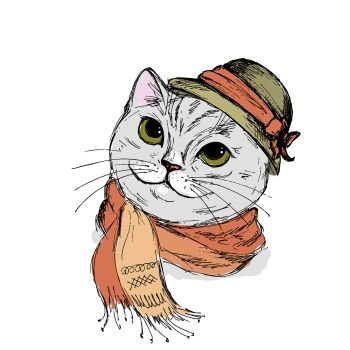 Portrait of cat with big eyes in a Elegant women’s hat and scarf. Vector illustration.. Portrait of cat with big eyes in a Elegant women’s hat and scarf