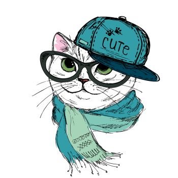 Fashion Cat in a cap,scarf and glasses. Hipster isolated on white. Vector illustration for a greeting card, poster, or print on clothes.. Fashion Cat in a cap,scarf and glasses.