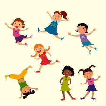 Set of cute cartoon girl,different action poses,isolated on white background,vector and illustration. Set of cute cartoon girl,different action poses