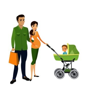 Family couple and a child in a pram,cartoon vector illustration isolated on white background. Family couple and a child in a pram