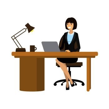Workplace. Business woman Working at the computer.Isolated on white background.Cartoon vector illustration. Workplace. Businessman Working at the computer
