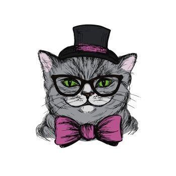 Cute cat dressed in a hat, tie and glasses, Hand drawn  T-shirt design or greeting card,vector illustration.. Cute cat dressed in a hat, tie and glasses