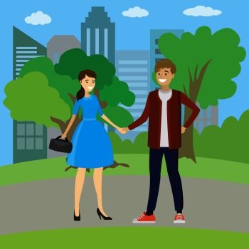 Young couple, family, standing in park, holding hands,vector illustration. Young couple, family, standing in park, holding hands