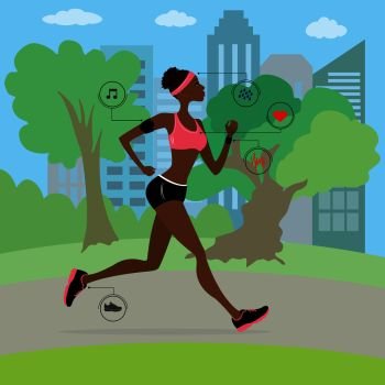 African american young and slim woman running in the park, fitness cartoon vector illustration. African american young and slim woman running in the park,