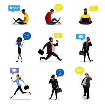 Set - fashion and business people with smart gadgets and bubble speech isolated on white background, internet chat and communication, cartoon vector illustration. business people with smart gadgets and bubble speech