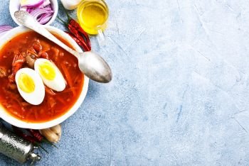 beet soup with boiled egg, fresh soup