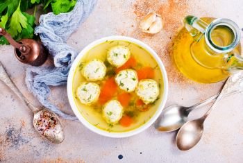 fresh soup with meatballs in bowl, diet food