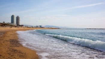 Sand beach in Badalona Catalonia, Spain. It is one of the most popular beach in Europe. Sand beach in Badalona. Catalonia