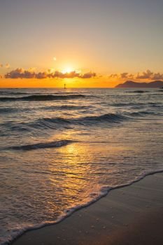 Brilliant ocean beach and sky sunrise.. Nature background. Brilliant ocean beach sunrise.