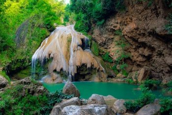 Panorama of Ko luang waterfall turquoise blue river, Mae Ping National Park, Lum phun, Thailand. . Ko luang Waterfall