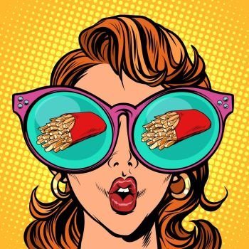 French fries serving. Woman reflection in glasses. Comic cartoon pop art retro vector illustration drawing. French fries serving. Woman reflection in glasses