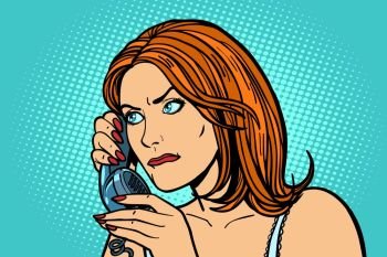 serious Woman talking on the phone. Emotions. Comic cartoon pop art retro vector illustration drawing. serious Woman talking on the phone. Emotions.