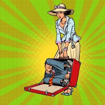 Husband in suitcase. Woman traveler. Comic cartoon pop art retro vector illustration drawing. Husband in suitcase. Woman traveler