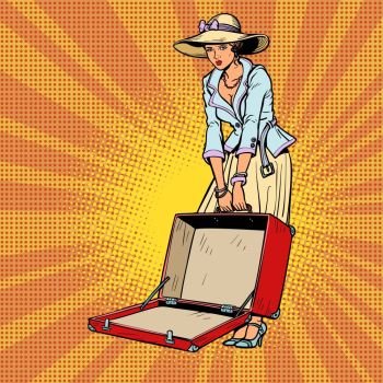Woman with open suitcase. Comic cartoon pop art retro vector illustration drawing. Woman with open suitcase