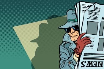 Spy detective in hat and sunglasses, newspaper. Comic cartoon pop art retro vector illustration drawing. Spy detective in hat and sunglasses, newspaper
