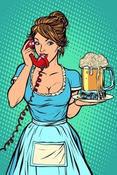 Delivery. Hotel service. Waitress. mug of beer. Comic cartoon pop art retro vector drawing. Delivery. Hotel service. Waitress. mug of beer