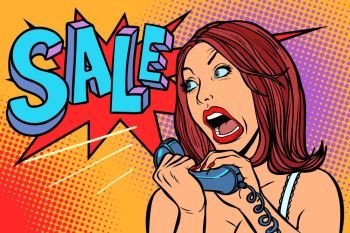 Sale discounts. Woman screams in phone. Comic cartoon pop art retro vector drawing. Sale discounts. Woman screams in phone