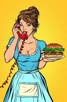 burger Delivery. Hotel service. Waitress. Comic cartoon pop art retro vector drawing. burger Delivery. Hotel service. Waitress
