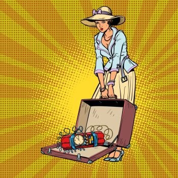 female terrorist. Bomb in baggage. Comic cartoon pop art retro vector illustration drawing. female terrorist. Bomb in baggage