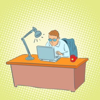 businessman in the office working on a laptop. Comic cartoon pop art retro vector illustration drawing. businessman in the office working on a laptop