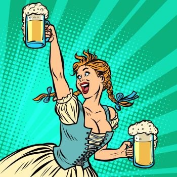 Oktoberfest beer. Woman waitress in traditional German costume. Comic cartoon pop art retro vector illustration drawing. Oktoberfest beer. Woman waitress in traditional German costume