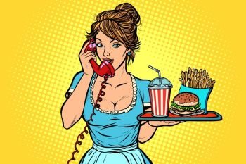 Delivery. Hotel service. Waitress. fast food on a tray. Comic cartoon pop art retro vector drawing. Delivery. Hotel service. Waitress. fast food on a tray