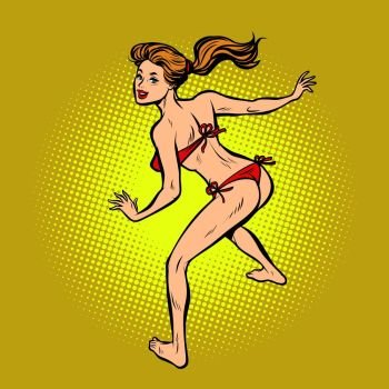 active woman in bikini. Comic cartoon pop art retro vector illustration drawing. active woman in bikini