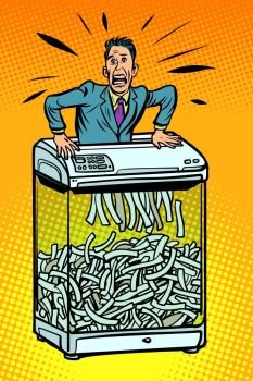 Businessman in paper shredder, office appliance. secret information. Comic cartoon pop art retro vector illustration drawing. Businessman in paper shredder, office appliance. secret informat