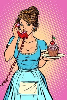 cupcake with cherry Delivery. Hotel service. Waitress. Comic cartoon pop art retro vector drawing. cupcake with cherry Delivery. Hotel service. Waitress
