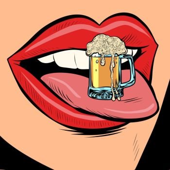 beer mug foam female tongue mouth. Comic cartoon pop art retro vector illustration drawing. beer mug foam female tongue mouth